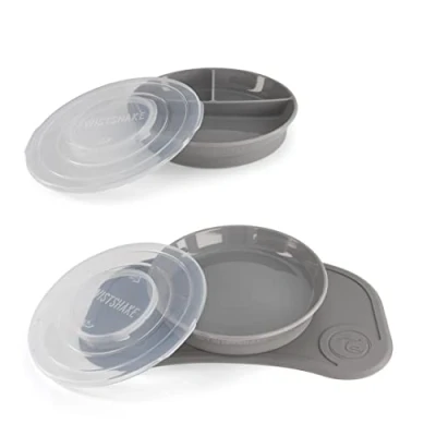 Abbildung von Twistshake Babygeschirrset Mini + Geteilter Teller Baby Saugteller Platzset (31x17cm) BPA Frei Esslernteller Grau