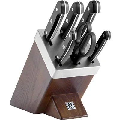 Abbildung von ZWILLING Gourmet Selbstschärfender Messerblock, 7 teilig, Messer und Schere aus rostfreiem Spezialstahl/Kunststoff Griff, Holzblock Esche, Braun [Made in Germany]