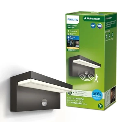 Abbildung von Philips Outdoor Ultra Efficient Bustan Wandleuchte 3.8W, Bewegungssensor, 2700K warmweißes Licht, IP44 wetterfest, anthrazit