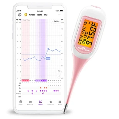 Abbildung von Basalthermometer Fruchtbarkeitsthermometer Bluetooth zur Zykluskontrolle/Kinderwunsch mit Premom APP von Easy@Home, Thermometer Auto BBT Sync, Oranger Hintergrundbeleuchtung LCD Anzeige, BT A31