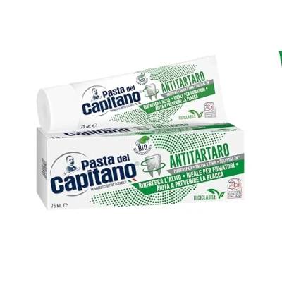 Abbildung von Pasta del Capitano, Bio Zahncreme Antitartar, Verleiht Frische und erfrischt den Atem, Ideal für Raucher, Hilft gegen Plaque vorzubeugen, 100% Made in Italy, 75 ml Tube