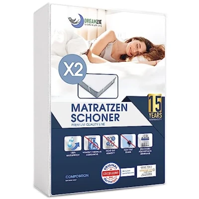 Abbildung von Matratzenschoner 160x200 cm Wasserdicht (2er Set) Oeko TEX Zertifiziert von Dreamzie Atmungsaktive Matratzenauflage