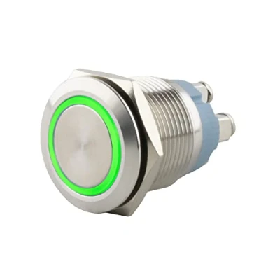 Abbildung von SeKi Edelstahl Drucktaster Ø16mm tastend flacher Kopfform farbig beleuchtetem LED Ring in grün Schraubanschluss; Klingeltaster