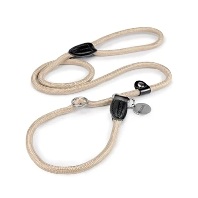 Abbildung von lionto Retrieverleine robust und wetterfest für Hunde Aller Größen, schnell anzulegende Hundeleine Halsband in Einem, 170 cm, fellschonende Führleine mit integriertem Zugstopp, vegan, beige