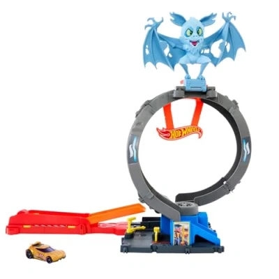 Abbildung von Hot Wheels Let&#039;s Race Netflix City Spielzeugauto Trackset, Angriff der Fledermaus mit anpassbarem Looping und Starter, im Maßstab 1:64, HTN78