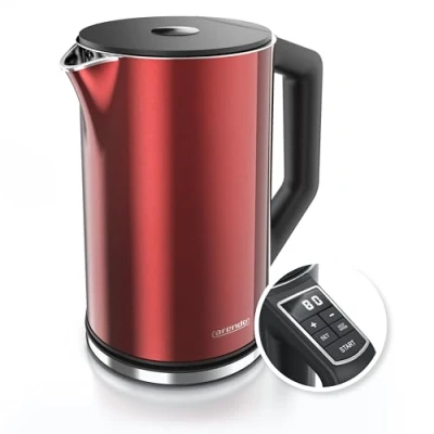 Abbildung von Arendo Edelstahl Wasserkocher mit Temperatureinstellung 40 100 Grad in 5er Schritten Doppelwand Design Modell ELEGANT 1,5 Liter 2200 W Teekocher Temperaturanzeige GS Rot