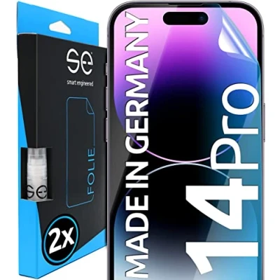Abbildung von S.E für iPhone 14 Pro Folie, 2x Full Screen, Positionierhilfe, Schutzfolie transparente Displayfolie, funktionierende Alternative zu Glas aus Deutschland
