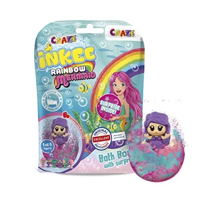 Abbildung von INKEE SURPRISE MERMAID Magische Duft Badekugel mit Meerjungfrau Saugnapf Figuren, Kinder Badebomben Überraschung, Erdbeerduft, 1 Stück (1er Pack)