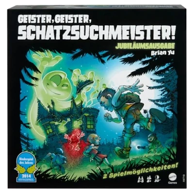 Abbildung von Mattel Games Geister, Schatzsuchmeister! Jubiläumsausgabe Brettspiel, kooperatives Familienspiel mit zwei Spielmöglichkeiten, darunter Einer gegen alle Modus für 2 bis 5 Spieler, HXT19