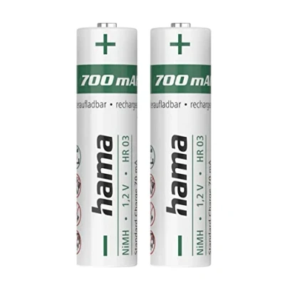 Abbildung von Hama Akku Batterien AAA aufladbar, 2 Stück (mit hoher Kapazität, 700 mAh, 1,2 V, wiederaufladbar, geringe Selbstentladung, Micro, NiMH Akkus, für schnurlose Telefone, Fernbedienung etc.)