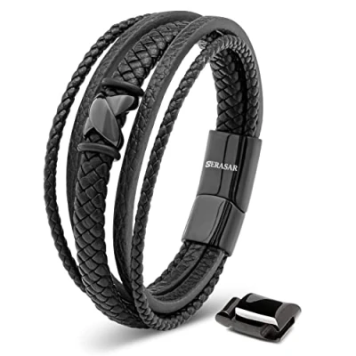 Abbildung von SERASAR Herrenarmband Leder 23cm Schwarz Männer Armband Armreif Herren Lederband Herrenarmreif Armschmuck Schmuck Armkette Flecht Wickelarmband Kette