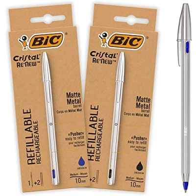 Abbildung von BIC Kugelschreiber Cristal Re&#039;New Metall, 2 hochwertige, nachfüllbare Stifte, nachhaltig, in Blau und Schwarz mit je Ersatzminen, Ideal für das Büro Home Office, 1 Stück (2er Pack)