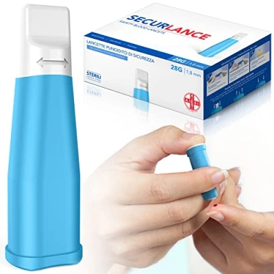 Abbildung von AIESI® Sterile Einweg Lanzetten mit Sicherheitssystem und einziehbarer Edelstahlspitze nadel 28G SECURLANCE (Packung 100 stück)