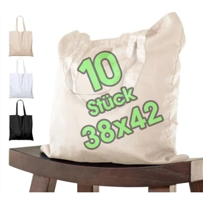 Abbildung von 10 STÜCK Baumwolltasche 38x42 cm unbedruckt, zwei lange Henkel OEKO TEX® zertifiziert Stofftasche, Tragetasche, Baumwollbeutel, Einkaufstasche, Jutebeutel, Stoffbeutel Einkaufsbeutel zum bemalen Natur