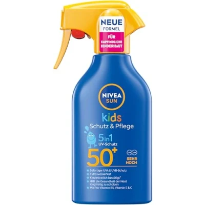 Abbildung von NIVEA SUN Kids Schutz &amp; Pflege Sonnenspray LSF 50+, hoher Sonnenschutz mit Panthenol, Vitamin C und E, extra wasserfestes Sonnencreme Spray für empfindliche Haut (250 ml)