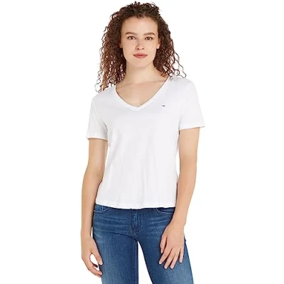 Abbildung von Tommy Jeans Tjw Slim Soft V Neck Tee Kurzarm Strickoberteile, Damen, Weiß (White), M