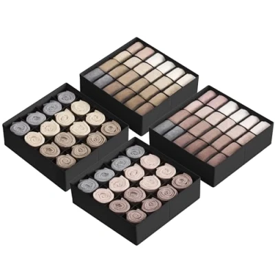 Abbildung von SONGMICS Unterwäsche Organizer 4er Set, 80 Fächer (2x16+2x24), Schubladen faltbar, Ordnungssystem Kleiderschrank, Aufbewahrungsboxen, Socken, Unterwäsche, Krawatten, tintenschwarz RUS011B01