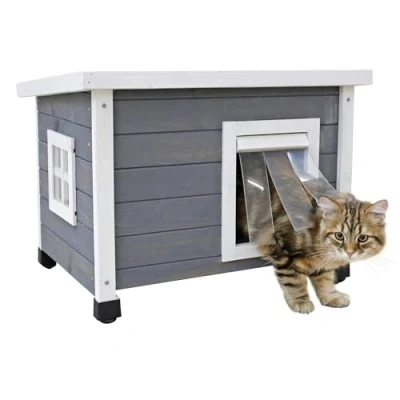 Abbildung von Kerbl Katzenhaus Rustica aus Holz, Schwingtüre mit Lamellen, Plexiglasfenster, Höhenverstellbare Kunststofffüße, Grau/Weiß, 57 x 45 43 cm