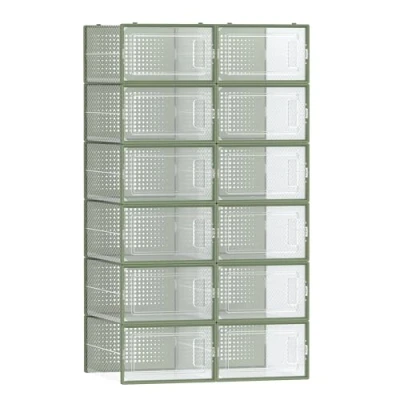Abbildung von SONGMICS Schuhboxen, 12er Set, Schuh Organizer aus Kunststoff, faltbar und stapelbar, für Schuhe bis Größe 44, transparent lorbeergrün LSP12SG30