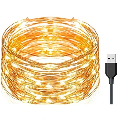 Abbildung von Exporee 20 m LED Lichterketten 200 Leds USB betrieben, wasserdichte Fee Kupferdraht Lichter für Zaun Patio Gartenbaum Weihnachtsfeier Hochzeit, warmes Weiß