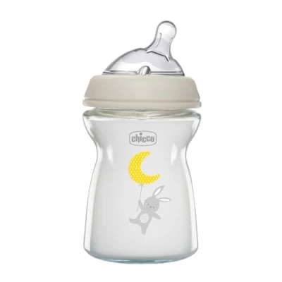 Abbildung von Chicco Natural Feeling Anti Kolik Babyflasche für 0+ Monate, 250 ml, mit Weichem Silikonsauger und Doppelventil, Natürliches Instinktives Gefühl beim Saugen, Glasflasche