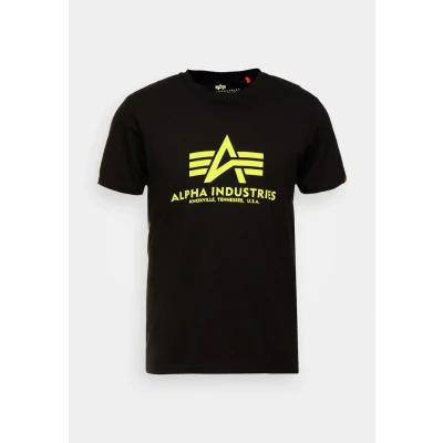 Abbildung von Alpha Industries Herren Basic Print T Shirt, Black/Neon Yellow, L