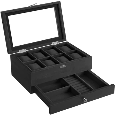 Abbildung von SONGMICS Uhrenbox mit 8 Fächern, Uhrenkasten aus Massivholz, Glasdeckel, Uhrenkissen, Schmuckaufbewahrung, Geschenk für Ihre Liebsten, tintenschwarz JOW008B02