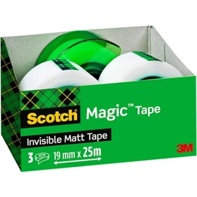 Abbildung von Scotch Magic Unsichtbares Klebeband, 3 Rollen, 19 mm x 25 m + 1 Handabroller GRATIS Grün Klebeband für allgemeine Zwecke zur Reparatur, Etikettierung und Versiegelung von Dokumenten