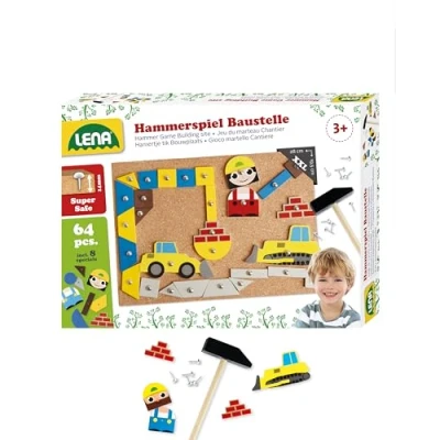 Abbildung von Lena 65828 Hammerspiel, Nagelspiel mit 64 bunten 8 Baustellen Teilen, Grundplatte aus Kork ca. 28 x 19,5 cm, Hammer und Nägel, Klopfspiel für Kinder ab 3 Jahre, Hämmerchenspiel, Mehrfarbig