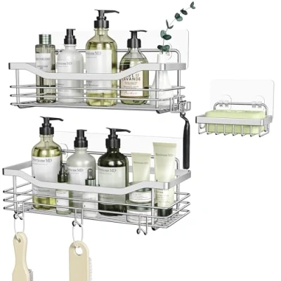 Abbildung von Orimade Duschablage ohne Bohren mit Seifenkorb und 5 Haken Duschregal für die Dusche Badezimmer, Küche Regal Organizer Selbstklebend Edelstahl 3 Pack