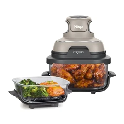 Abbildung von Ninja CRISPi tragbare Airfryer Heißluftfritteuse, 3,8 l, 4 in 1: Heißluftfrittieren, Braten, Warmhalten, Recrisp, kompakt, 6 Portionen, 2x herausnehmbare Glasbehälter &amp; Deckel, 1700 W, Stein FN101EUST