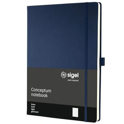 Abbildung von Sigel CO647 Notizbuch A4 liniert blau, Hardcover, 194 nummerierte Seiten, nachhaltiges Papier, mit Inhaltsverzeichnis, Stiftschlaufe, Falttasche, Gummibandverschluss, Conceptum