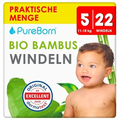 Abbildung von PureBorn Eco Bio Bambus Windeln, Größe 5 (11 18 kg), 22 Stück, Umweltfreundlich, Hypoallergen, Ultraweich, mit Nässeindikator, Diverser Aufdruck