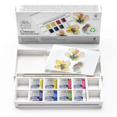 Abbildung von Winsor &amp; Newton 0390671 Cotman Aquarellfarben im Set, Lebendige mit ausgezeichneter Transparenz 8 Farben Set Taschenpinsel Blumenmalerei