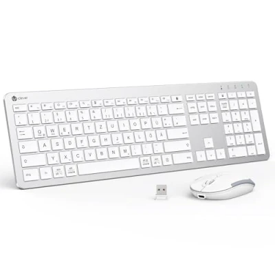Abbildung von Tastatur Maus Set Kabellos, iClever Wiederaufladbare Funktastatur, Deutsch QWERTZ Layout, 2.4 GHz Funk Mouse für PC/Laptop/Smart TV, Weiß und Silber