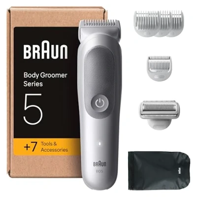Abbildung von Braun Bodygroomer Series 5, +7 Zubehörteile, Trimmen &amp; Rasieren mit SkinGuard Technologie und Sensitiv Aufsatz, 100 Min Akkulaufzeit, Wasserdicht, BG5555, Grau