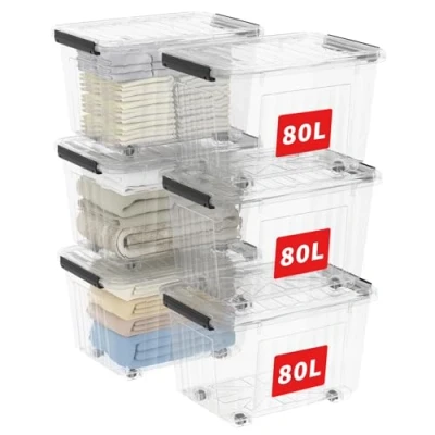 Abbildung von Cetomo C5039 große Stapelbare Aufbewahrungsbox Kunststoffbehälter mit Rädern Kunststoff (Polypropylen) Transparent, 80L, 6er Set