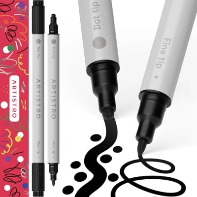Abbildung von Artistro 2 Black Acrylic Paint Pens, Markers Dual Tip (Fine 1mm + Dot 5mm), for Fabric, Canvas, Rock, Glass, Wood, Paper, DYI, Kids and Adults