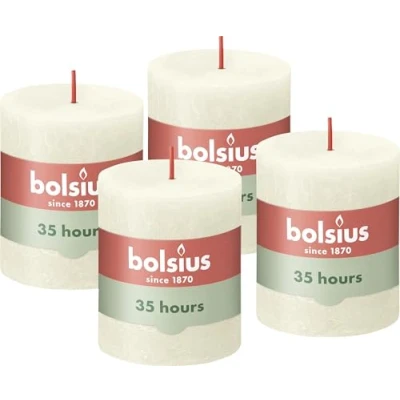 Abbildung von Bolsius Rustik Stumpenkerzen Weiß 4 Stück 8 x 7 cm Länge Brenndauer 35 Stunden Unparfümierte Natürliches Pflanzenwachs Ohne Palmöl