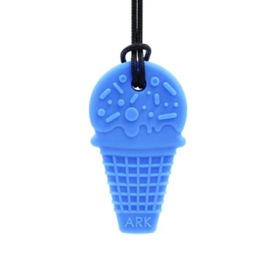 Abbildung von ARK® Kauhalskette in verschiedenen Stärken und Formen mit einstellbarer Abreißleine ATC Pflegeanleitung Sensory Halskette, Beißblock, Kauen, Zahnen, Autismus (Eiswaffel, extra fest blau)