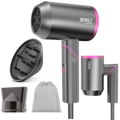 Abbildung von Föhn Ionen Haartrockner mit Diffusor DEWILY Reisefön Klappbar Klein，Haarföhn lockenföhn leise, Fön, Hair Dryer 3 Heizstufen (Grau 2 Düsen)