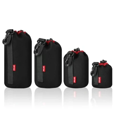 Abbildung von POLAM FOTO Objektivtasche Set aus Neopren Objektivbeutel für Kamera Objektiv in 4 Größen, Multi Pack Objektivtaschen Canon, Nikon, Tamron, Sigma, Pentax, Objektive, Schwarz/Rot