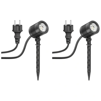 Abbildung von ledscom.de 2 Stück Kleiner LED Gartenstrahler mit Erdspieß TARL für außen, IP65, Stecker, schwarz, 4,1 W, 351lm, kaltweiß
