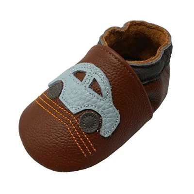 Abbildung von YALION Premium Weich Leder Babyschuhe Krabbelschuhe Lauflernschuhe Hausschuhe mit Auto Braun, EU 20/21=M