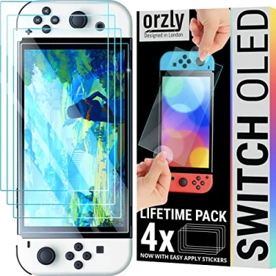 Abbildung von Orzly Displayschutzfolie für Nintendo Switch OLED Konsole 2024 Modell, gehärtetes Glas, einfache Installation, Life Time Edition, 4 Stück