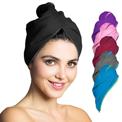 Abbildung von Fit Flip Haarturban Mikrofaser 1 Stück Haarhandtuch mit Knopf schnelltrocknend und saugstark Microfaser Kopf Turban Haar Handtuch (schwarz)
