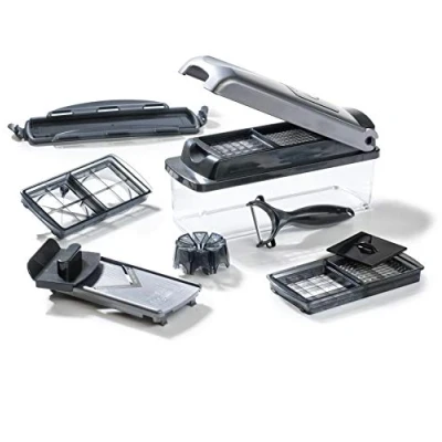 Abbildung von Genius Nicer Dicer Plus (12 Teile) Gemüseschneider Zwiebelschneider Pommesschneider Obstschneider Allesschneider Würfeln/Stifteln/Schneiden/Schälen/Aufbewahren, A34141, silber/schwarz
