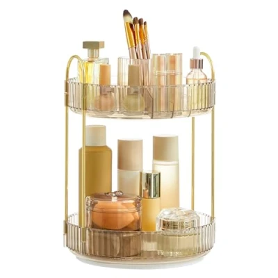 Abbildung von SONGMICS Make up Organizer drehbar, Kosmetik rund, 2 Ebenen, Aufbewahrung, anpassbar, für Schminktisch, Geschenkidee, Champagnergold JKA012A01