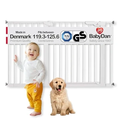 Abbildung von BabyDan Premier, Extra breit Ohne bohren Treppenschutzgitter, 119,3 125,6 cm, Babygitter/Sicherheitsgitter, Metall, Weiß, Hergestellt in Dänemark (Haustiergitter/Hundegitter)
