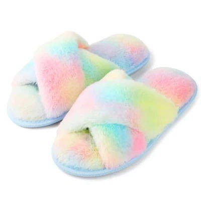 Abbildung von riemot Hausschuhe Damen Winter Plüsch Pantoffeln Memory Schaum Warme Hausschlappen Bequeme Rutschfeste Flauschige Slipper, Regenbogenfarben, gr.36 37